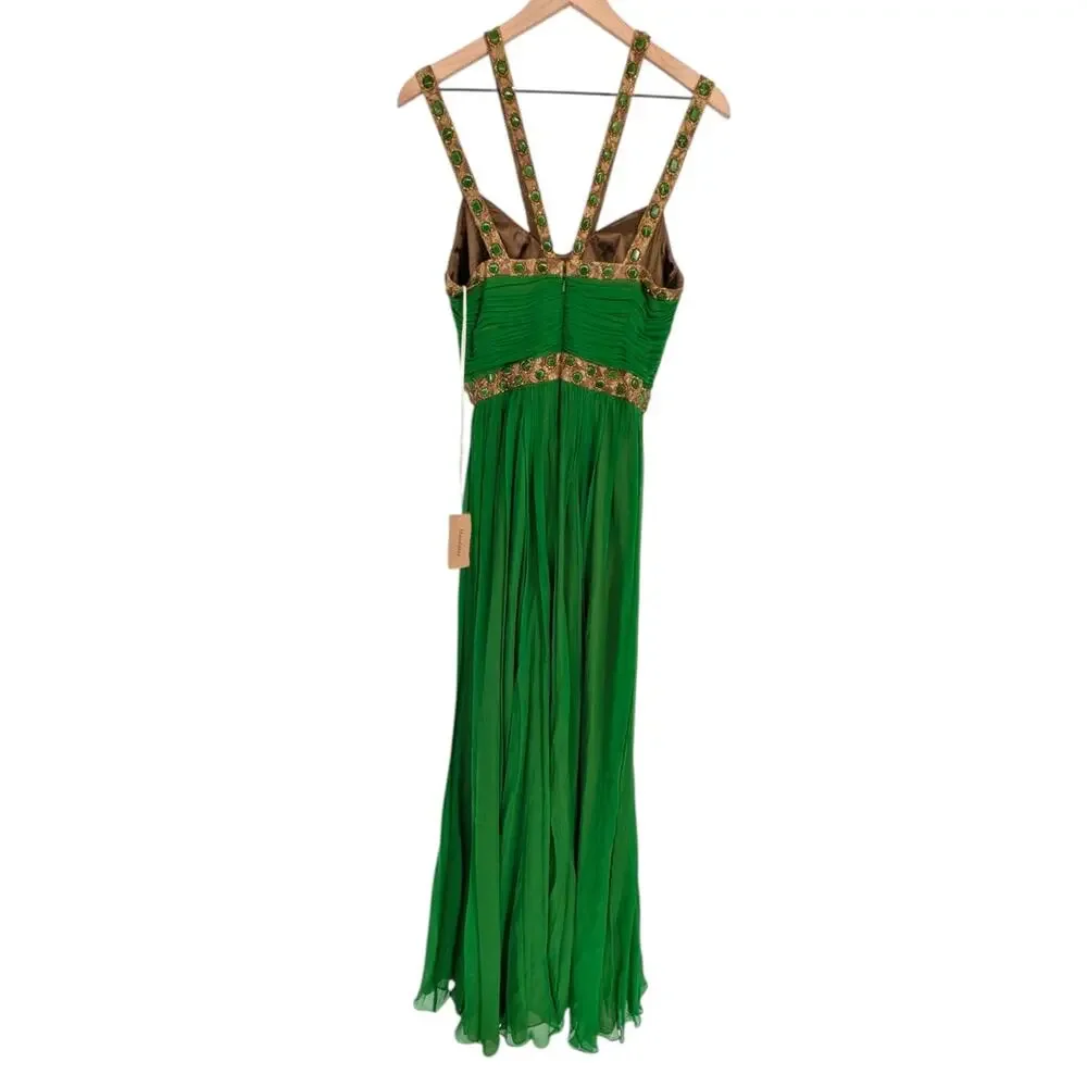 Mandalay Silk Gown 8 Green Beaded Formal Dress Cutout Back NWT
